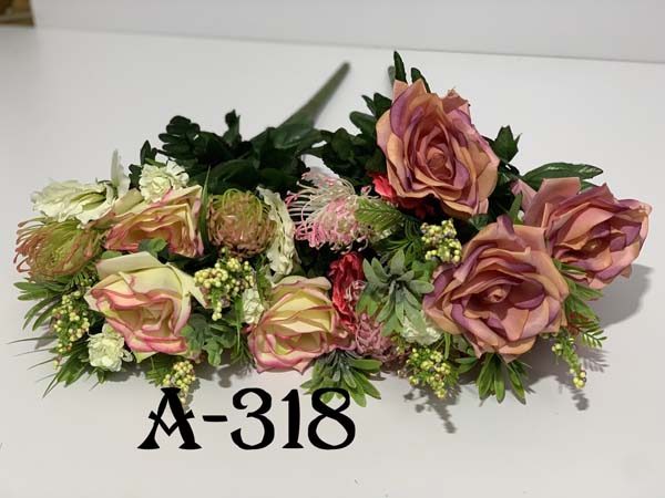Искусственный букет A-318, Эустома с розами и ежиками  