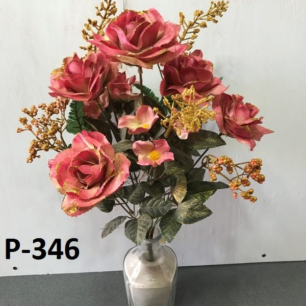 Искусственный букет P-346, розы с золотом и колосками  