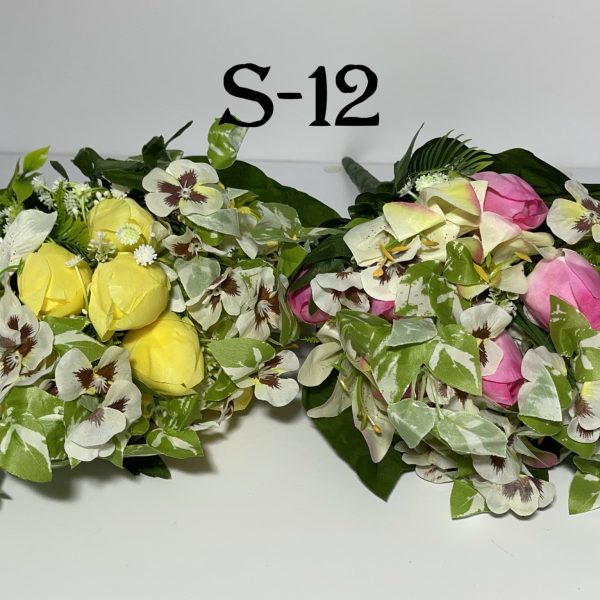 Штучний букет S-12, Фіалка Віттрока, лілії та тюльпани  